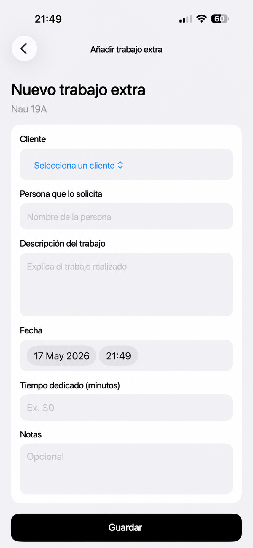 Formulario anonimizado para registrar un trabajo extra