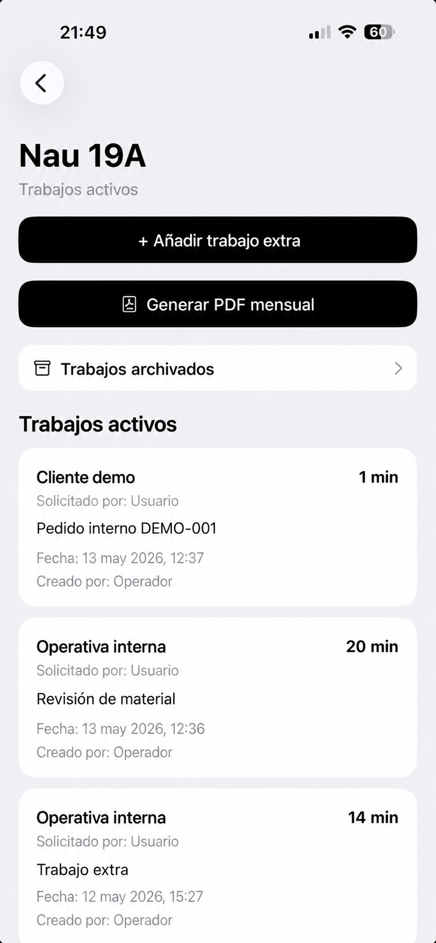 Pantalla anonimizada de trabajos activos en una app interna logística