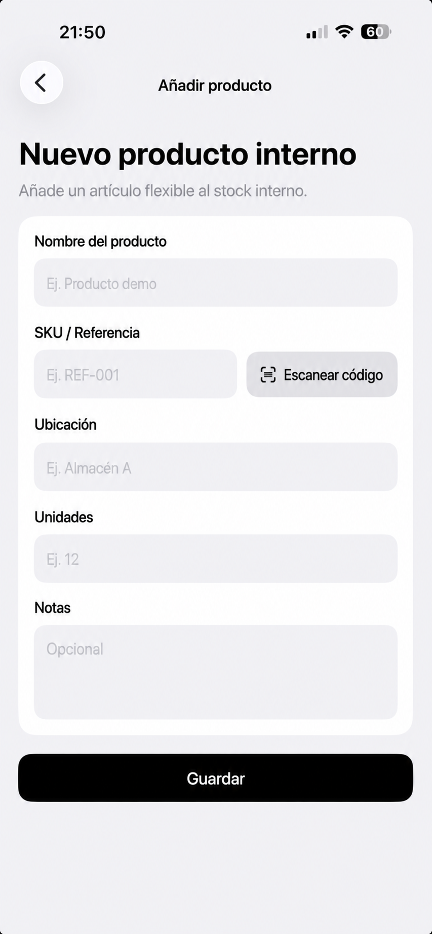 Formulario anonimizado para añadir un producto de stock interno