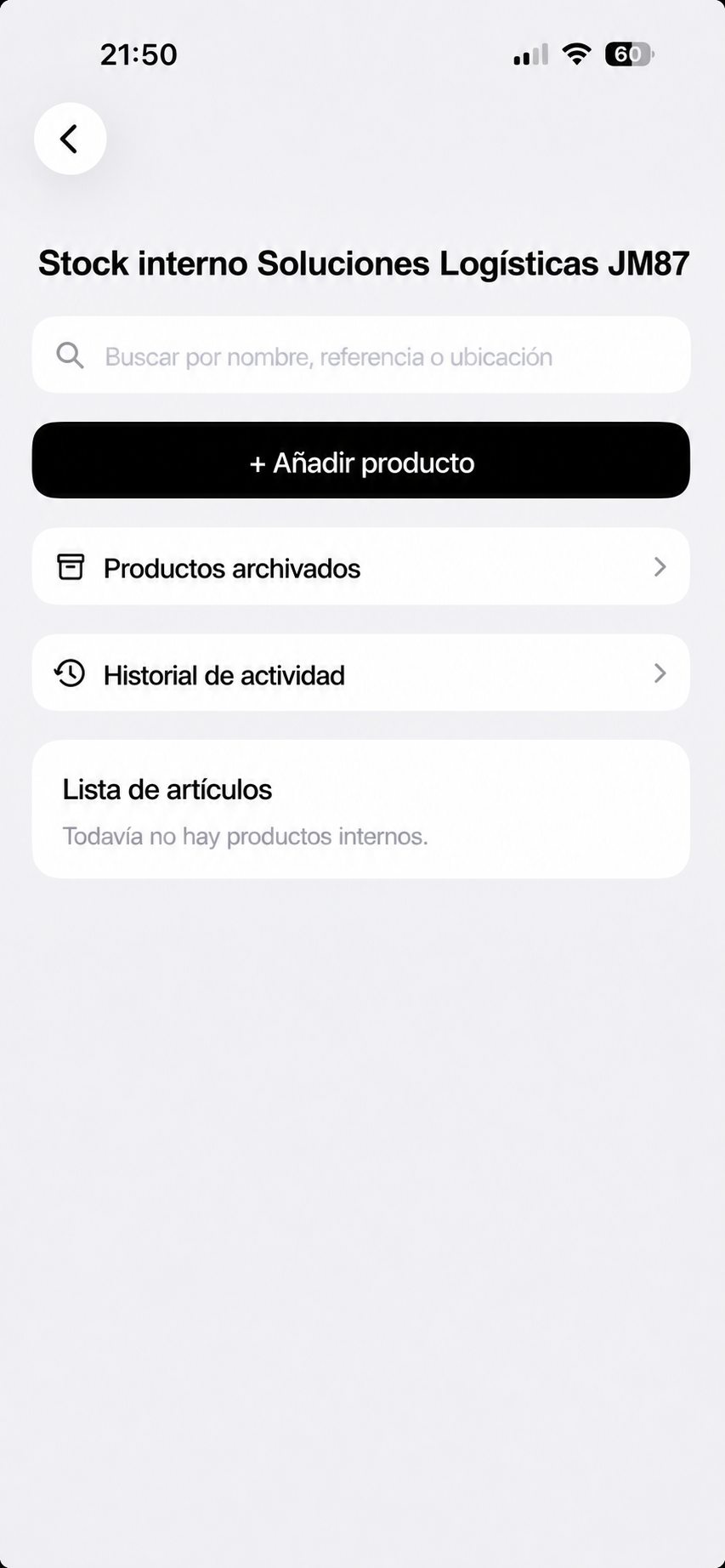 Pantalla anonimizada de stock interno con buscador e historial
