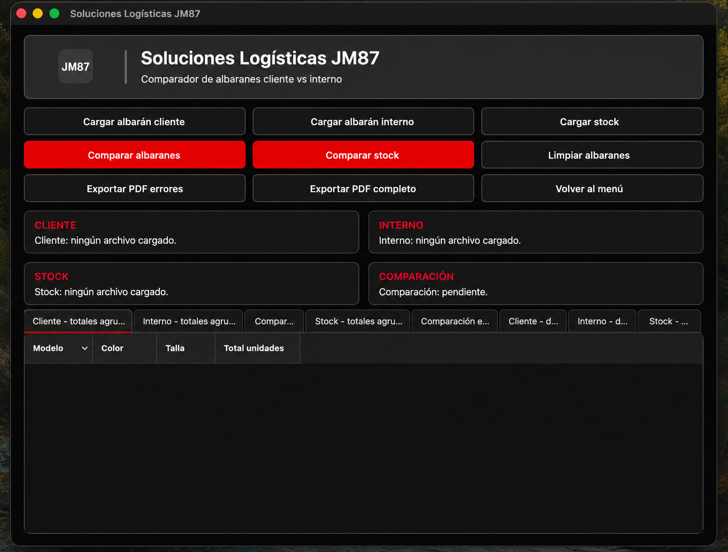 Pantalla anonimizada del comparador de albaranes cliente, interno y stock