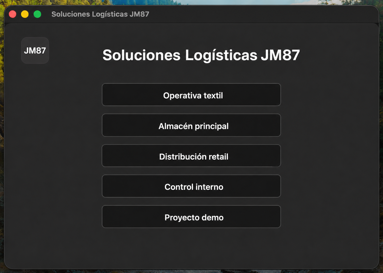 Pantalla anonimizada de selección de operativa en una aplicación de escritorio para albaranes